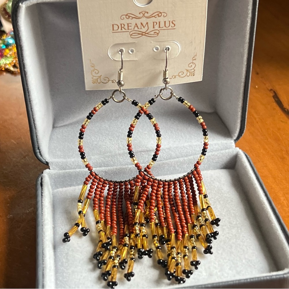 Beaded Hoop Earrings - Red and Gold bohemian